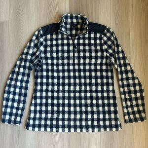 Talbots Small Petite Navy Gingham Fleece Quarter-Zip Pullover Sweater Jacket
